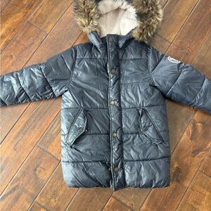 Abercrombie Kids Charcoal Puffer Coat with Faux Fur Trim